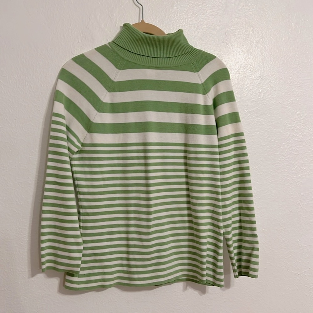 Talbots Size M Green White Striped 3/4 sleeve Cotton Blend knit Turtleneck